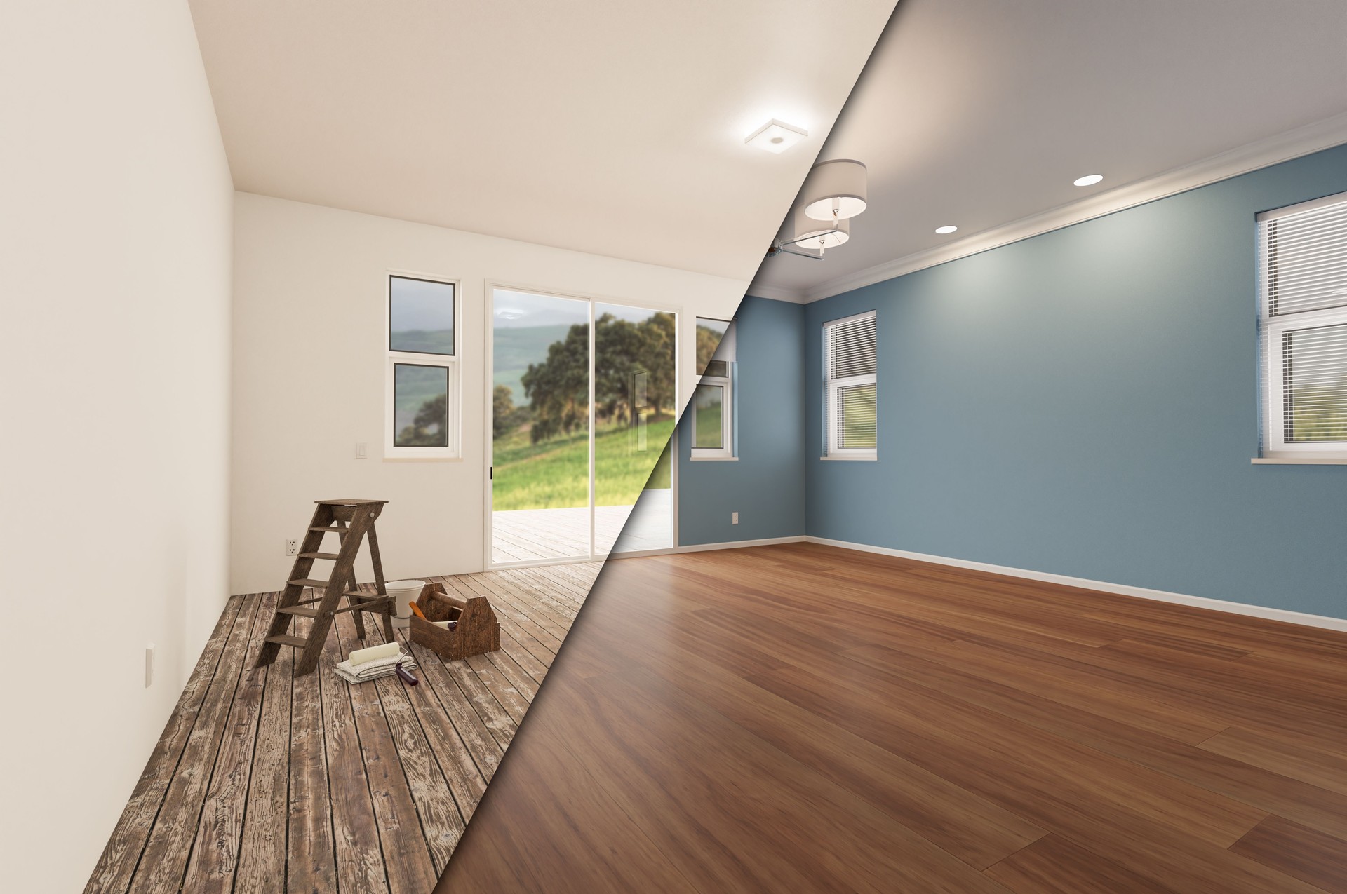 Unfinished Raw and Newly Remodeled Room of House Before and After with Wood Floors, Moulding, Blue Paint and Ceiling Lights.